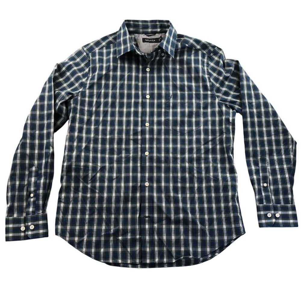 Nautica Men's Shirt M Blue Plaid Long Sleeve Classic Button Up Casual Pocket
